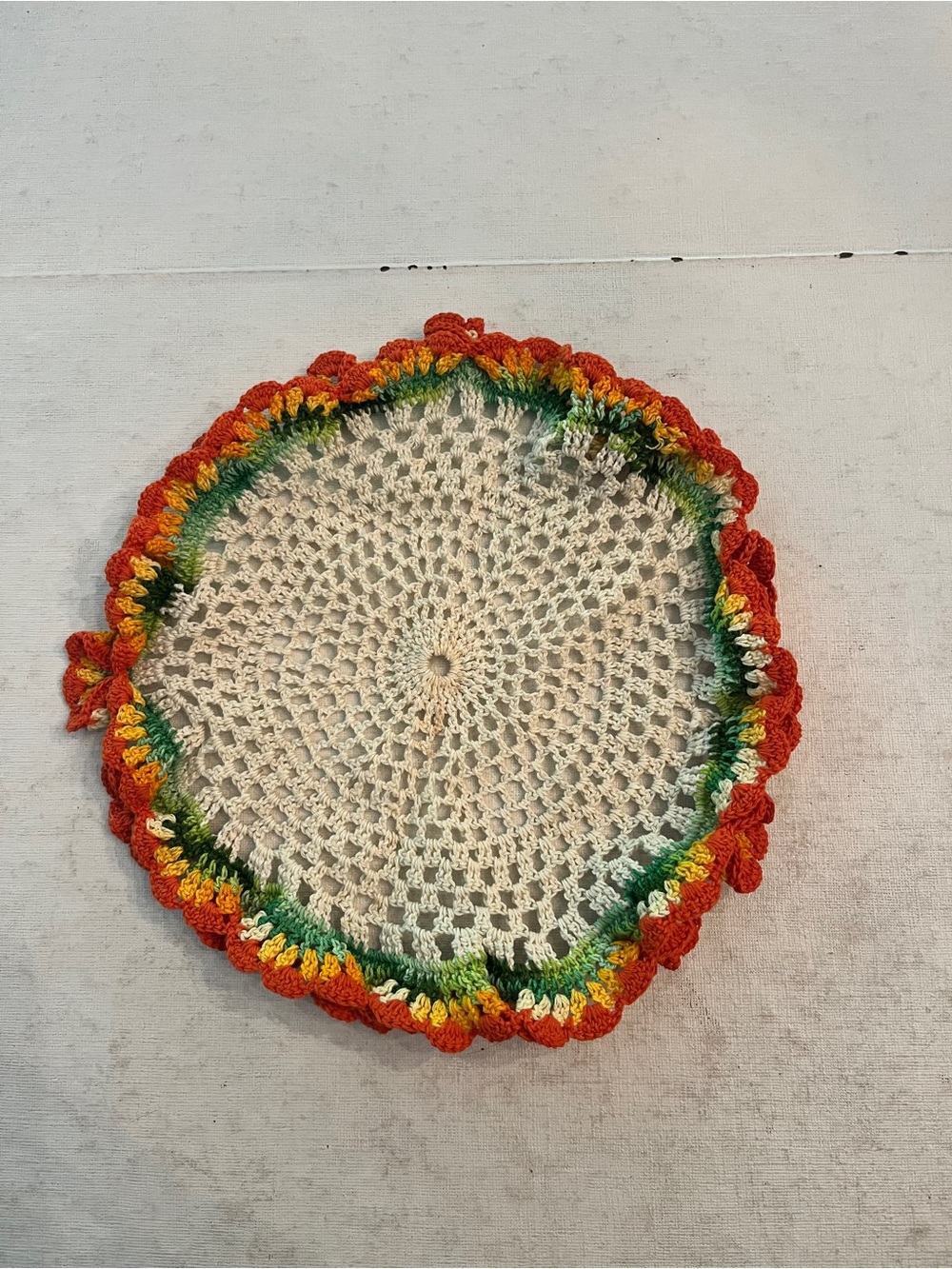 Vintage Handmade Crochet Round Doily with Orange, Green & Yellow Trim.